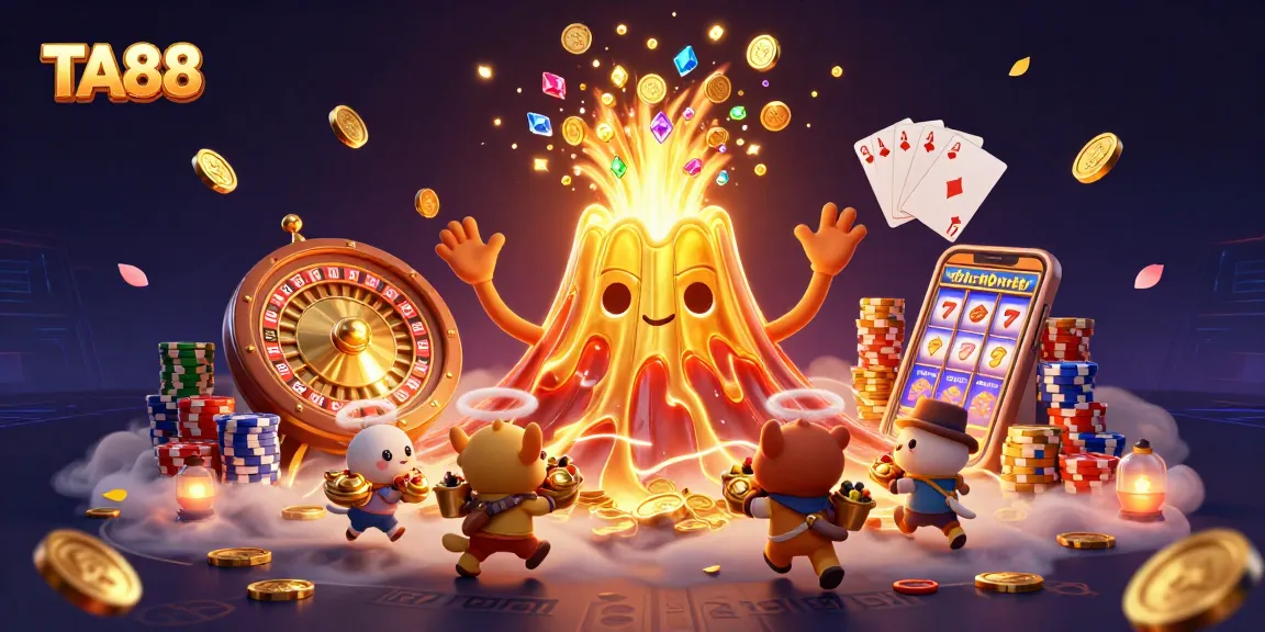 TA88 reveals a vibrant casino scene with a golden volcano erupting gems and treasures.