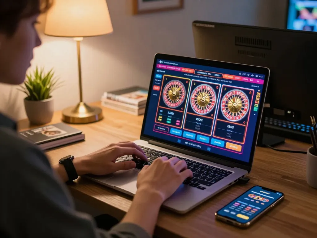 Player engaging with lc88 online casino interface on laptop at home desk, showcasing strategic gaming.