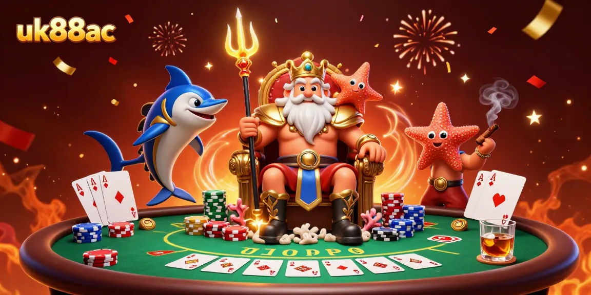 uk88ac showcases a vibrant poker scene with King Neptune amidst casino elements, full of excitement.