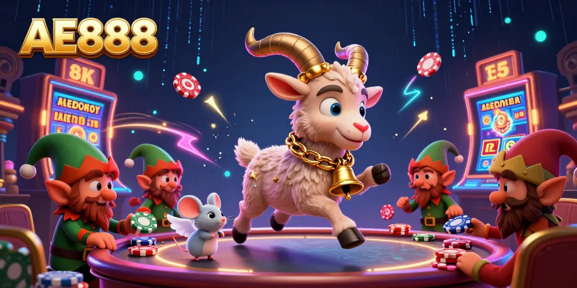 Experience exciting gaming at AE888 with a festive casino scene featuring slot machines and playful characters.