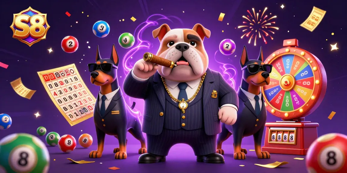 S8 showcases an exciting gaming scene with a mafia bulldog and Doberman bodyguards amidst colorful lottery balls and confetti.