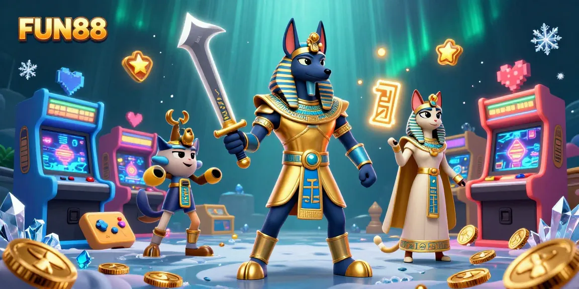 Experience the thrill of FUN88 with Anubis and Bastet in this vibrant casino-themed illustration.