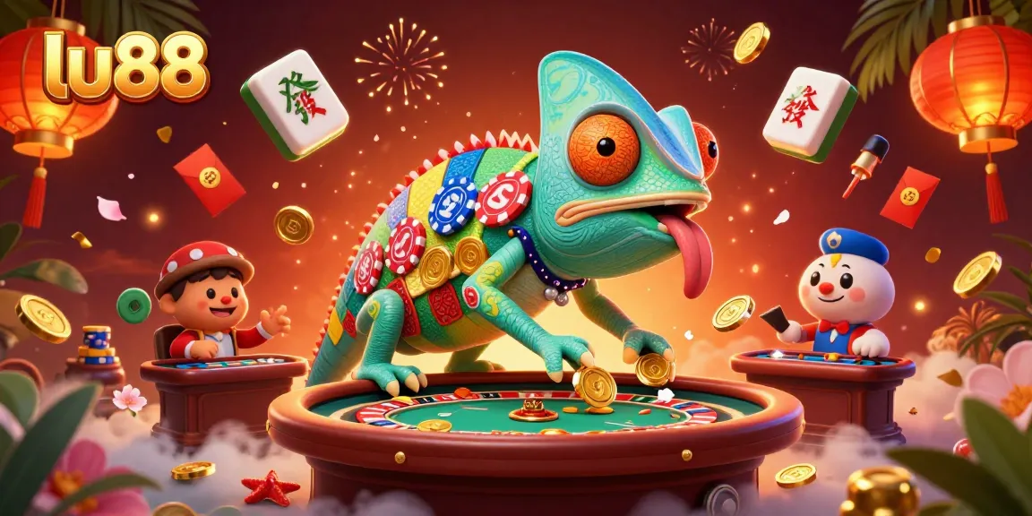 Experience the vibrant lu88 casino scene with a colorful chameleon owner capturing golden coins.