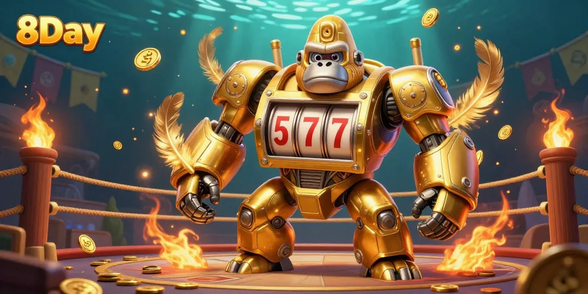 Experience thrilling gameplay with the 8Day golden gorilla mech in a vibrant casino scene