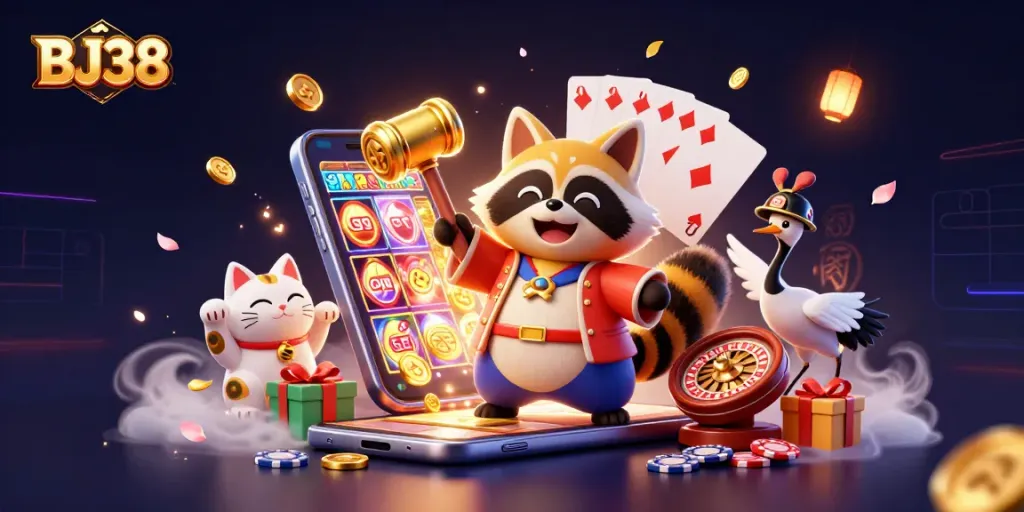 BJ38 gaming scene featuring a cheerful tanuki and colorful slot games, creating excitement in online betting.