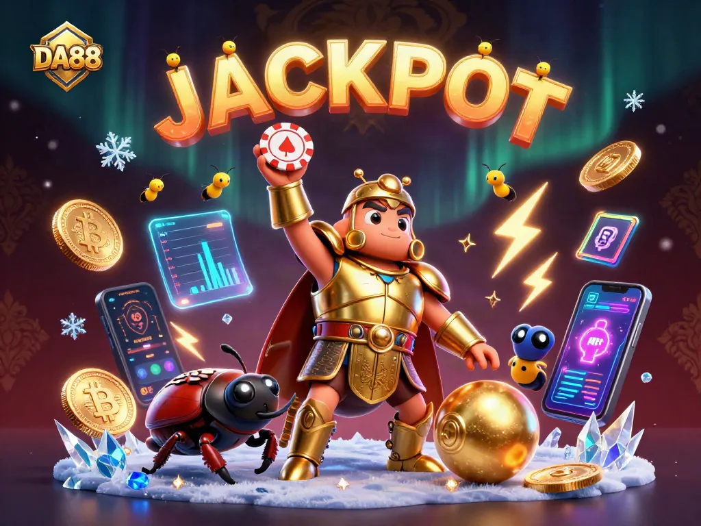 Experience big wins with DA88's vibrant 3D illustration featuring a victorious beetle in golden armor.