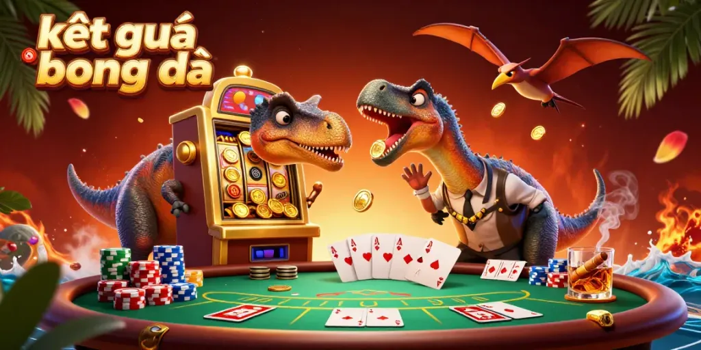 Engaging illustration showcasing kết quả bóng đá with a cartoon dinosaur interacting with a slot machine while casino elements surround them.