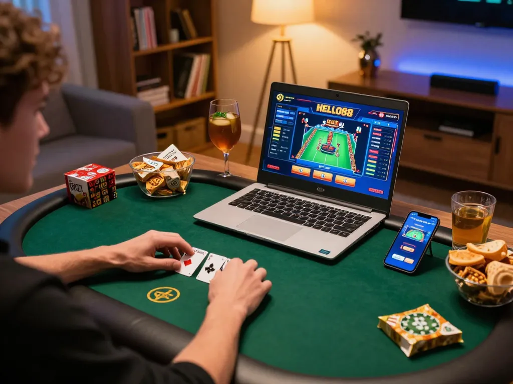 Player enjoys poker game on HELLO88 app in cozy home setup, blending relaxation with strategic gaming