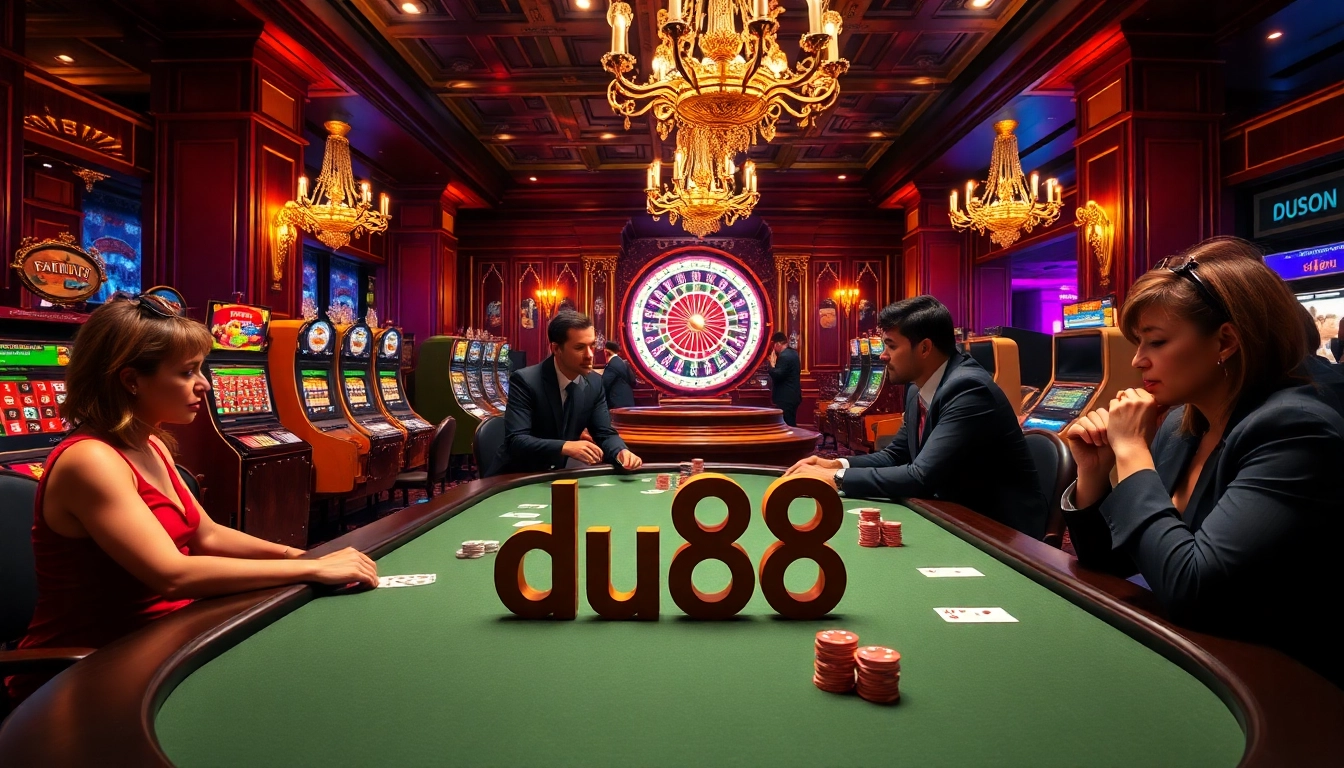 Experience the thrill of high-stakes poker at du88 Casino, with vibrant chips and cards in action.