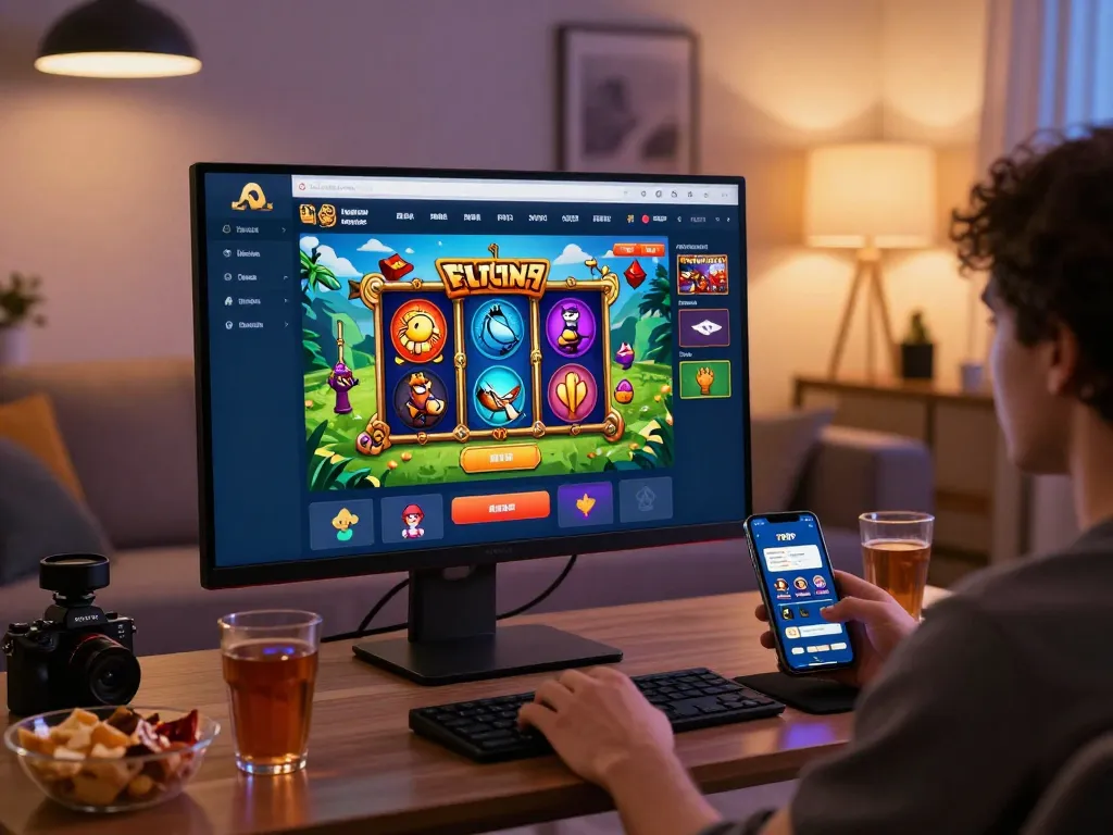 Engaging gaming experience with 789P platform on desktop and app, featuring vibrant slot game graphics and a cozy gaming atmosphere.