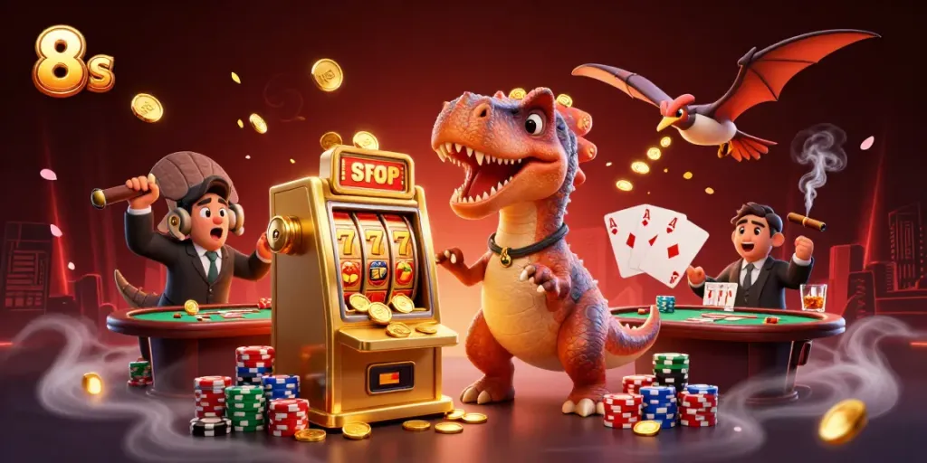 Catch the thrill of 8 S with a pachycephalosaurus winning a jackpot at a vibrant casino!
