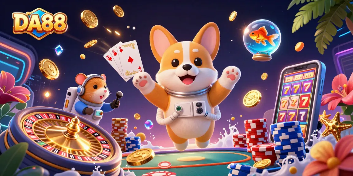 DA88 showcases an astronaut corgi in a vibrant casino scene with captivating games and floating treasures.