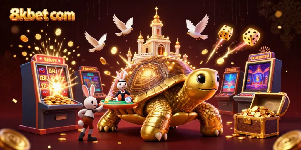 Win big with 8xbet com's thrilling casino experience featuring a golden tortoise and live gaming action.