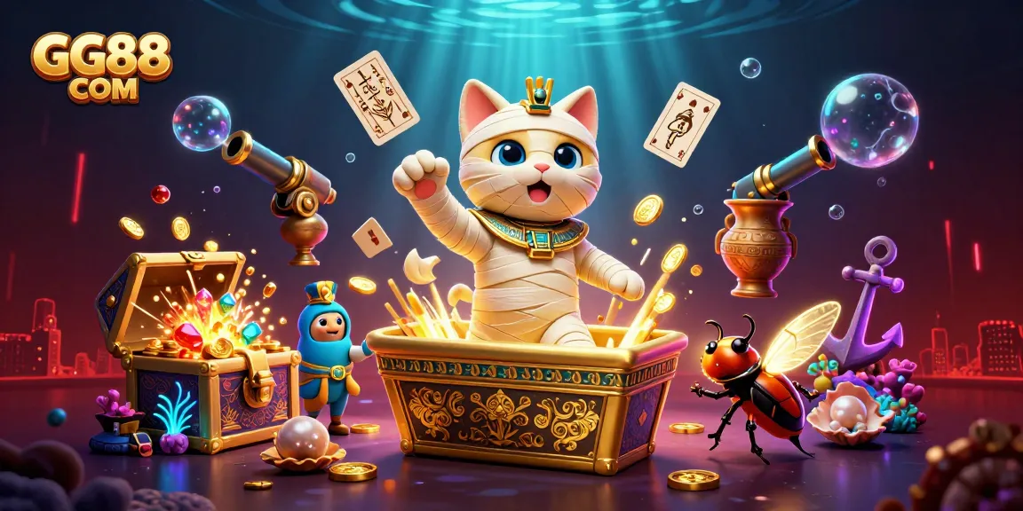 Engage with thrilling casino games at GG88 COM, featuring a unique Egyptian mummy cat in a vibrant casino scene.