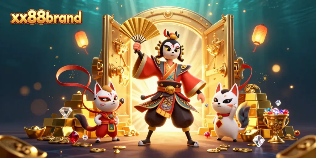 Engage with the captivating xx88brand casino scene showcasing kabuki warriors and treasures.