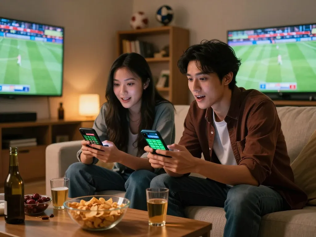 Soi keo nha cai during an exciting home sports betting night with friends, mobile betting apps in use