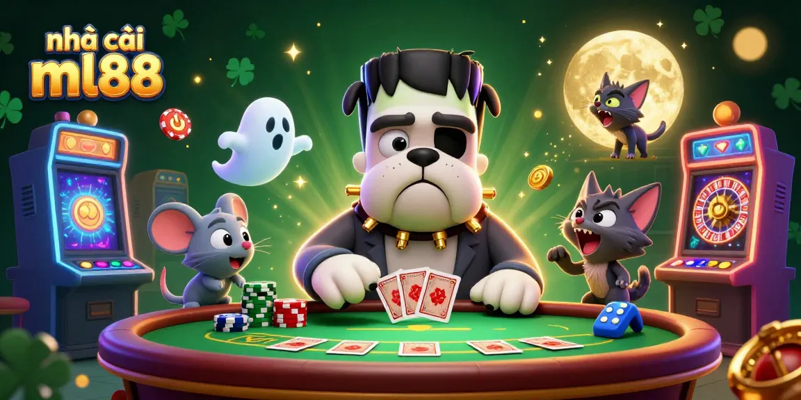 Experience excitement at nhà cái ml88 with a 3D monster dealer, cards, and casino elements.