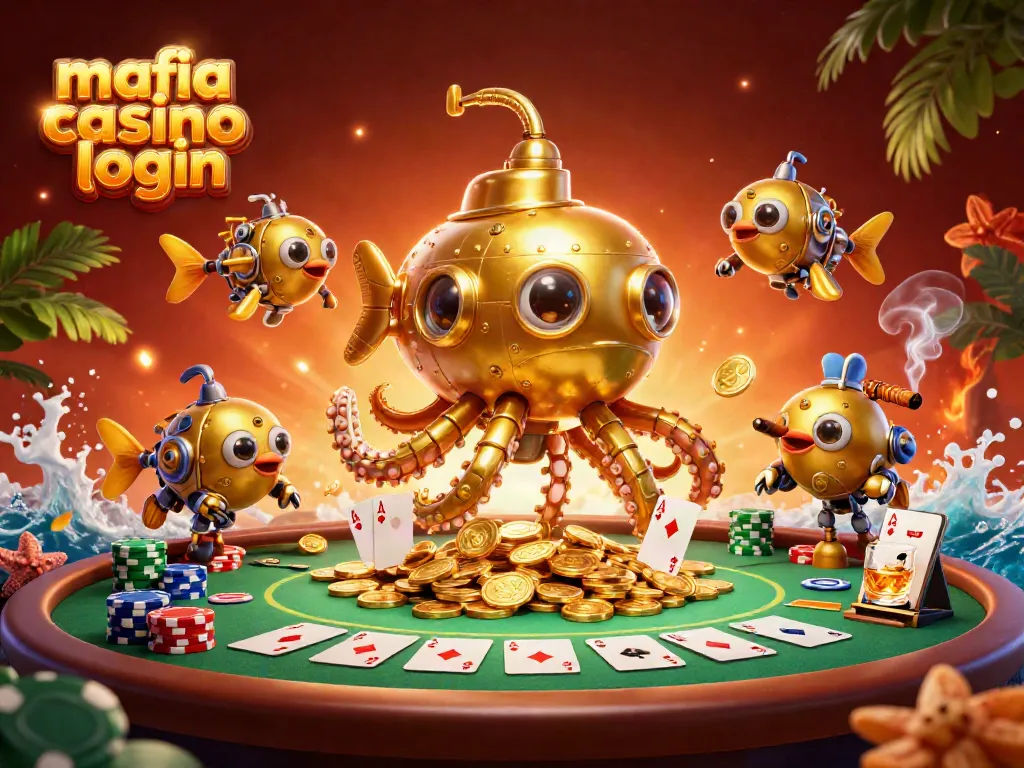 Mafia casino login scene with a golden kraken submarine and poker elements in a vibrant ocean of coins.