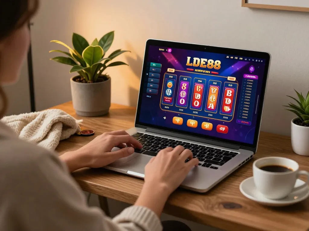 Engaging gameplay on LODE88 online casino platform with cozy home setup and vibrant gaming interface.