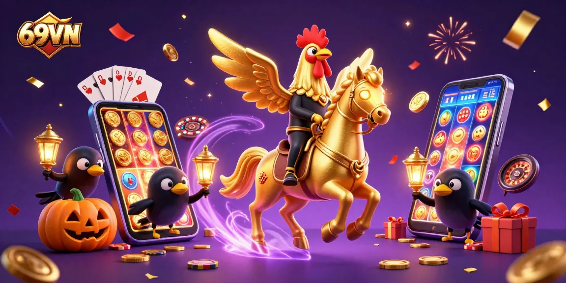 Engage in thrilling gaming at 69VN with a vivid depiction of a golden rooster headless horseman and magical elements.