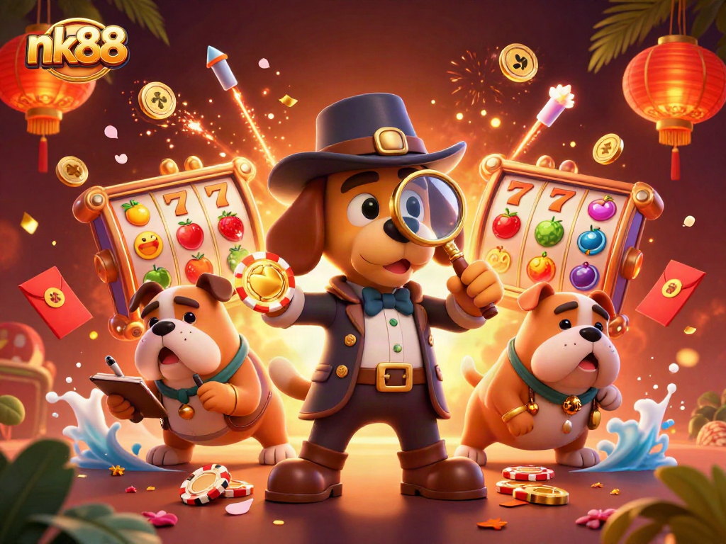 Experience the thrill of nk88 with a dynamic scene of the detective uncovering poker treasures.