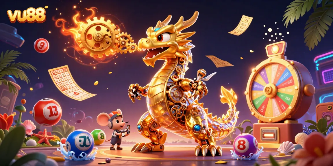 Experience thrilling gaming with vu88, featuring vibrant lottery elements and a biomechanical dragon.