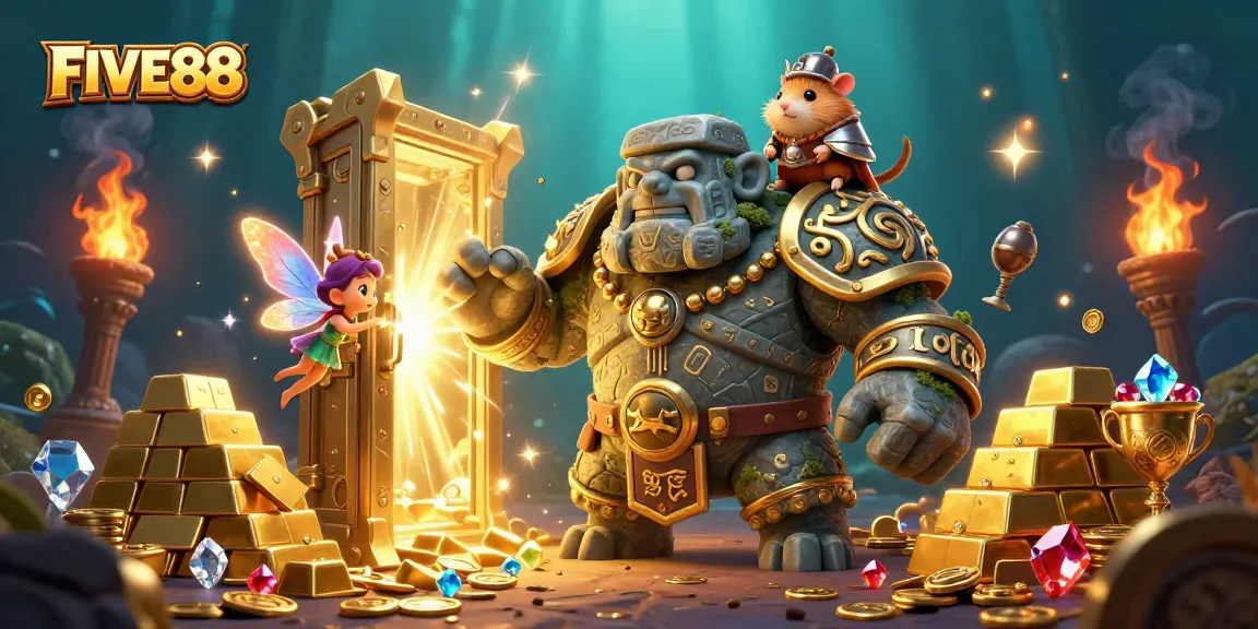 Engage with FIVE88's unique gaming magic as ancient guardians and fairies bring treasure to life in this enchanting illustration.