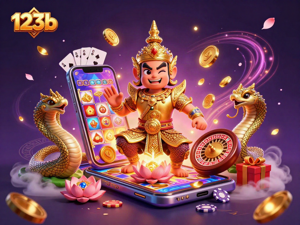 Engage with thrilling slot games at 123b with a vibrant 3D illustration depicting excitement and rich casino elements.