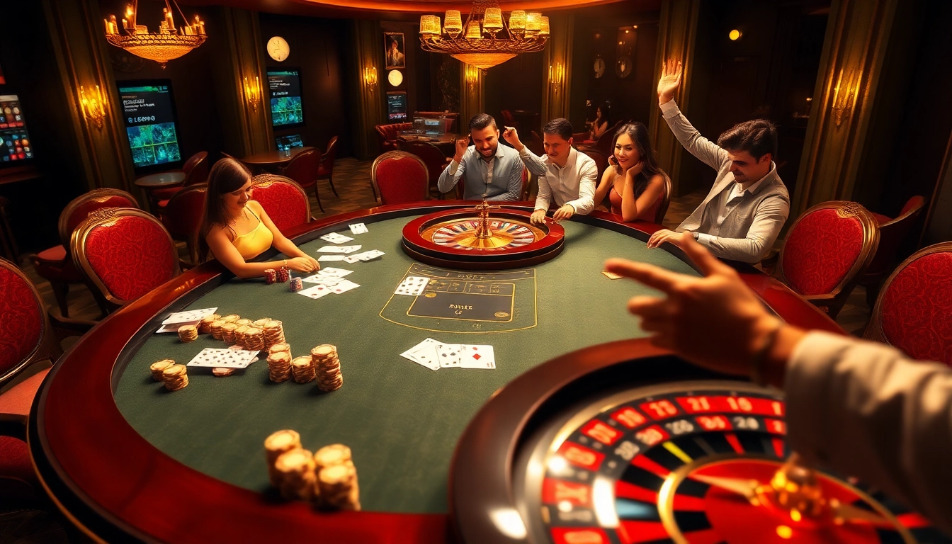 Sahamtoto players celebrating wins at a luxurious poker table featuring chips and cards.