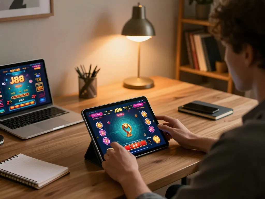 Engaging with the J88 casino app on a stylish tablet in a cozy home workspace.