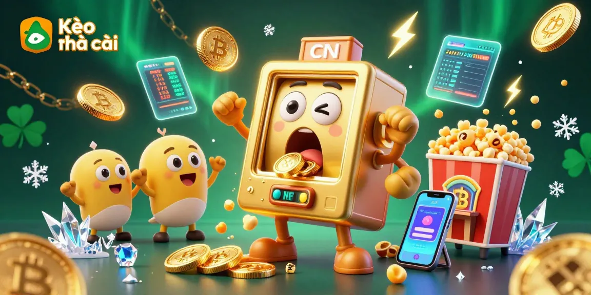 Kèo nhà cái showcases cartoon slot machines celebrating a big win with animated coins and digital currency elements.