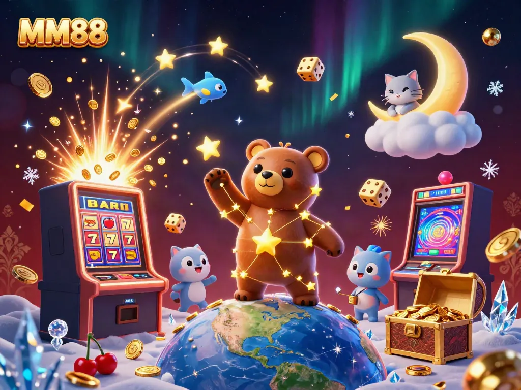 Experience the magical world of MM88 with a dazzling constellation bear scooping coins and vibrant jackpot elements.