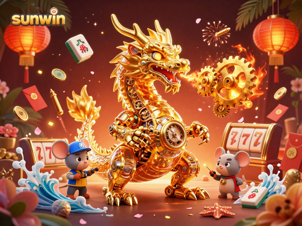 Sunwin showcases a golden dragon blowing gears amidst lively casino elements.