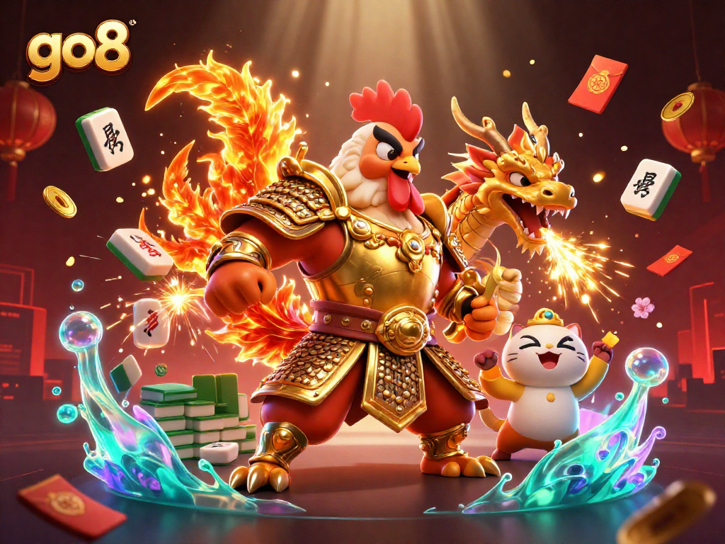 Experience thrilling action at go8 with cartoon warriors in a lively casino scene filled with vibrant gaming elements.