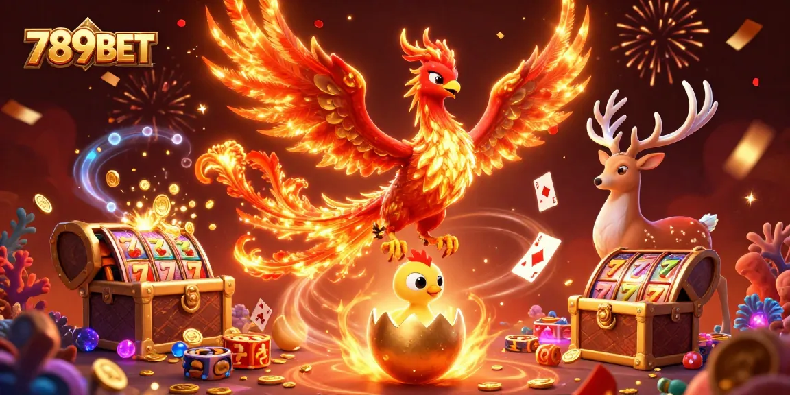 Join the adventure at 789BET with a fire phoenix rising amidst slot reels and treasure, celebrating big wins!
