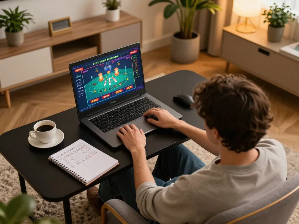Playing casino games at home on trang chủ F168, showcasing a stylish online gaming setup with betting strategies.