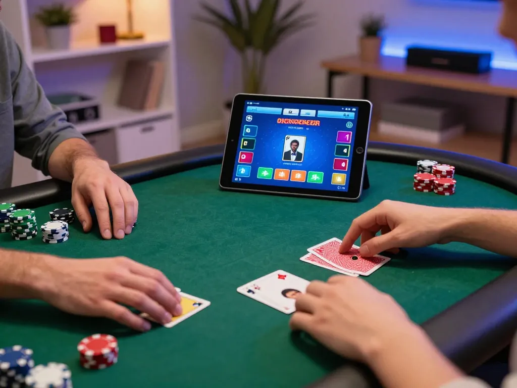 LC88 online poker game on tablet, showcasing strategic decision-making in a cozy home setting
