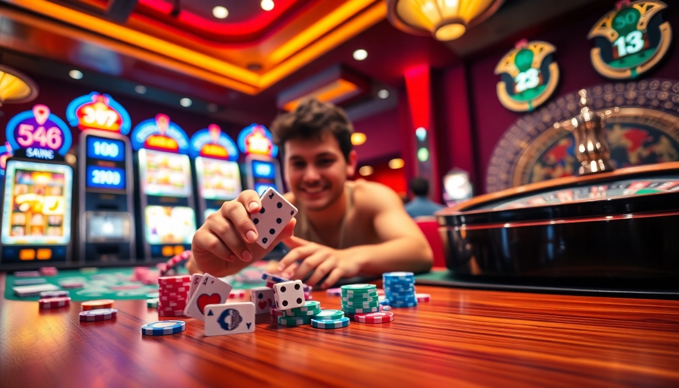 Action-packed scene at a glamorous casino showcasing poker and dice, highlighting the excitement of 399W.