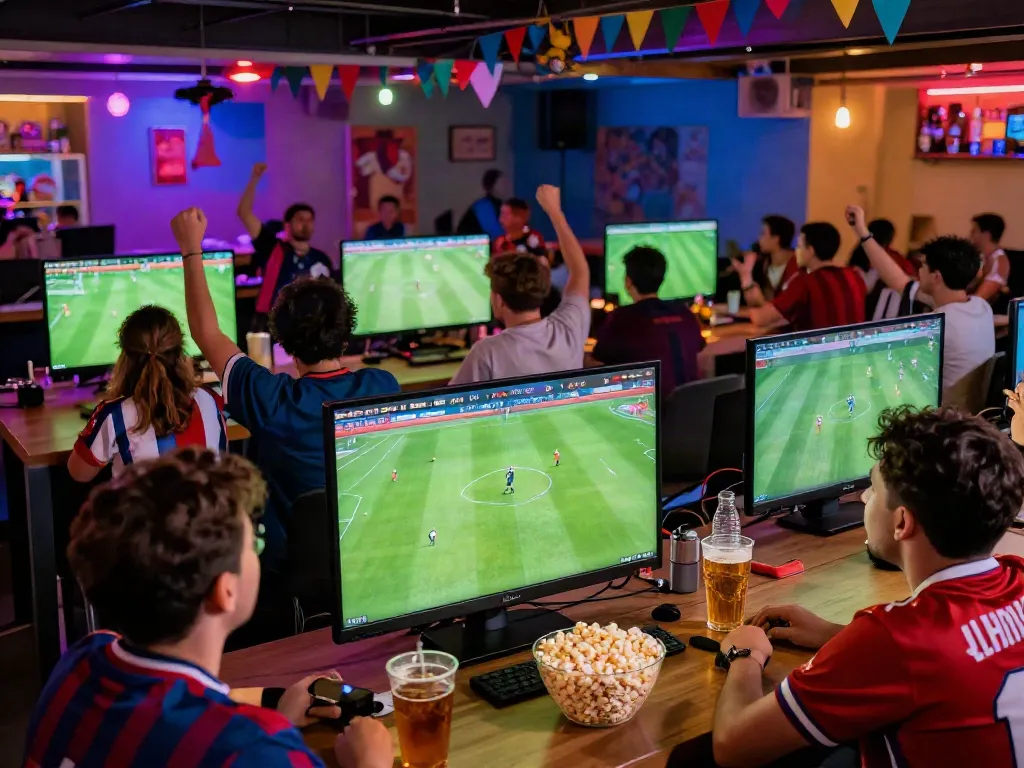 Fans enjoying CakhiaTV live football streaming at a vibrant viewing party.