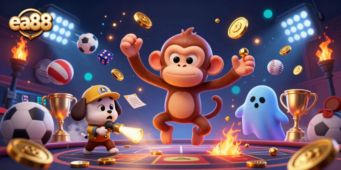 ea88 casino gameplay illustration featuring a playful poltergeist monkey juggling golden objects