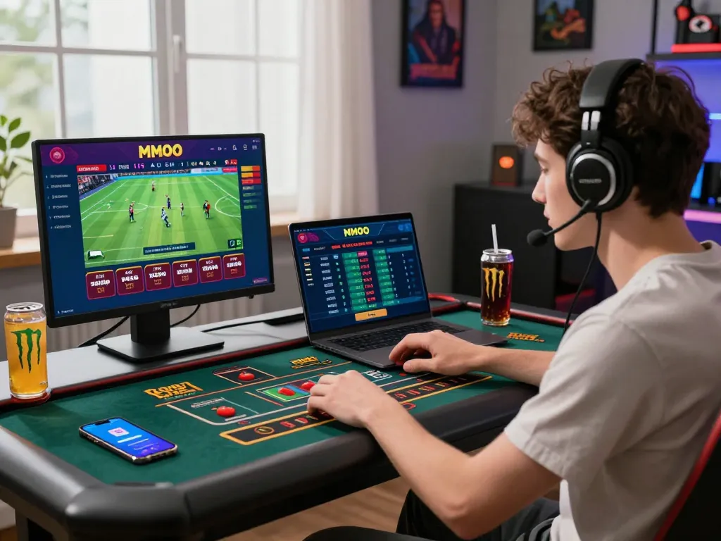 Engaging MMOO online betting platform scene featuring a user enjoying diverse gaming options in a cozy setting, showcasing the thrill of online gambling.