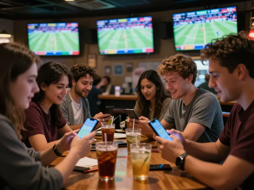 Vin88 sports bettors actively engaging with live events on their smartphones in a vibrant sports bar