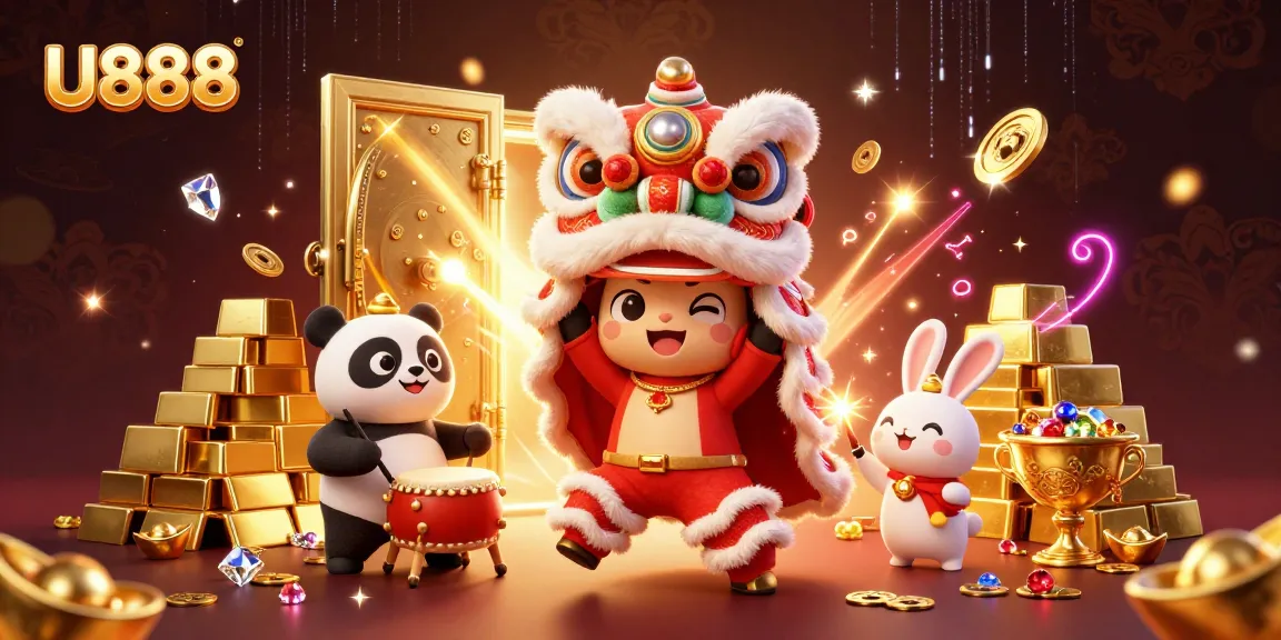 Experience U888's festive jackpots with a vibrant 3D lion dance and treasure-filled scene.