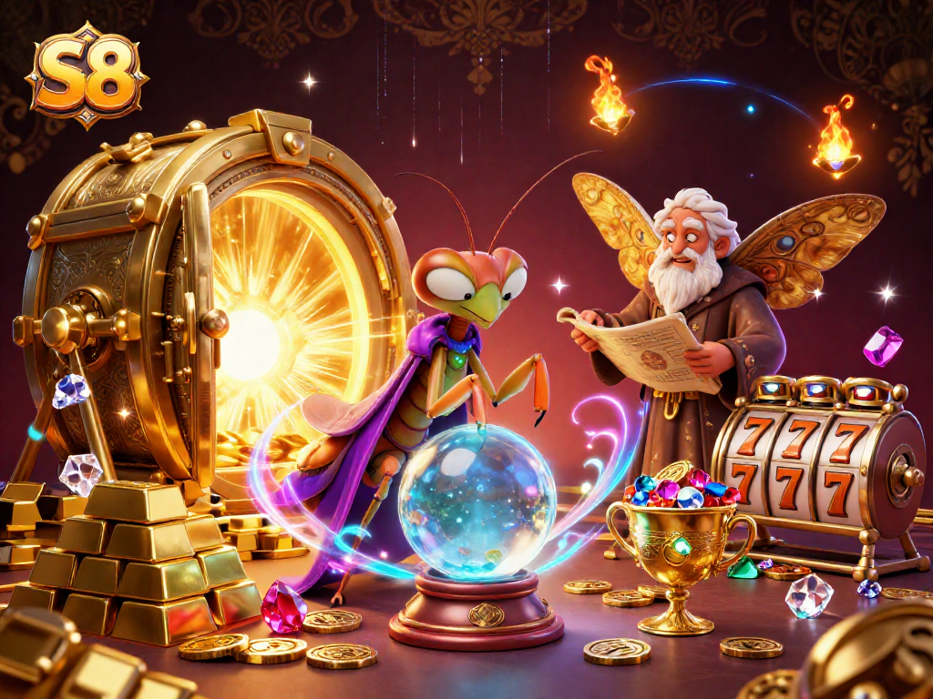 S8 players engaging with vibrant slot game elements and a mystical fortune teller.