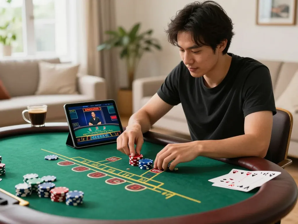 Player strategizing their bets at hm88 while enjoying an online blackjack game from home.