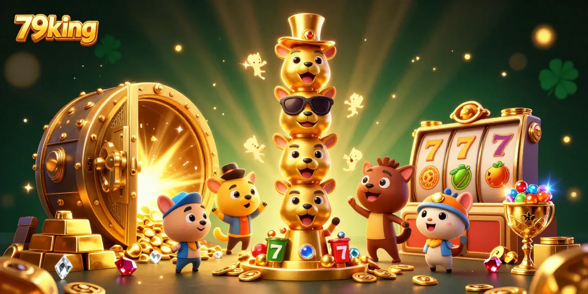 Spin to win great prizes at 79king with vibrant 3D casino illustration featuring slot reels and treasures.