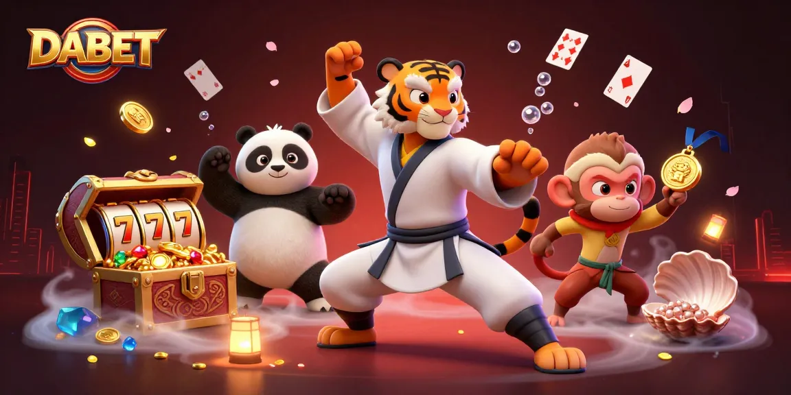 DABET players hitting jackpots in a colorful cartoon world filled with treasures and games.