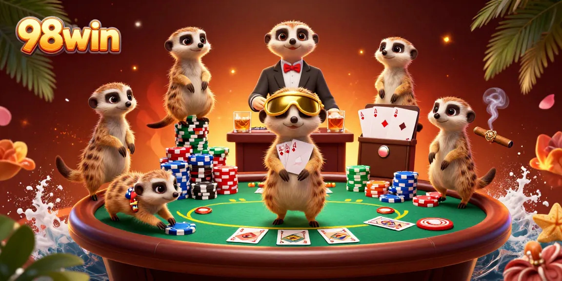 Experience the excitement of 98win casino with dynamic meerkat characters managing tables and chips.