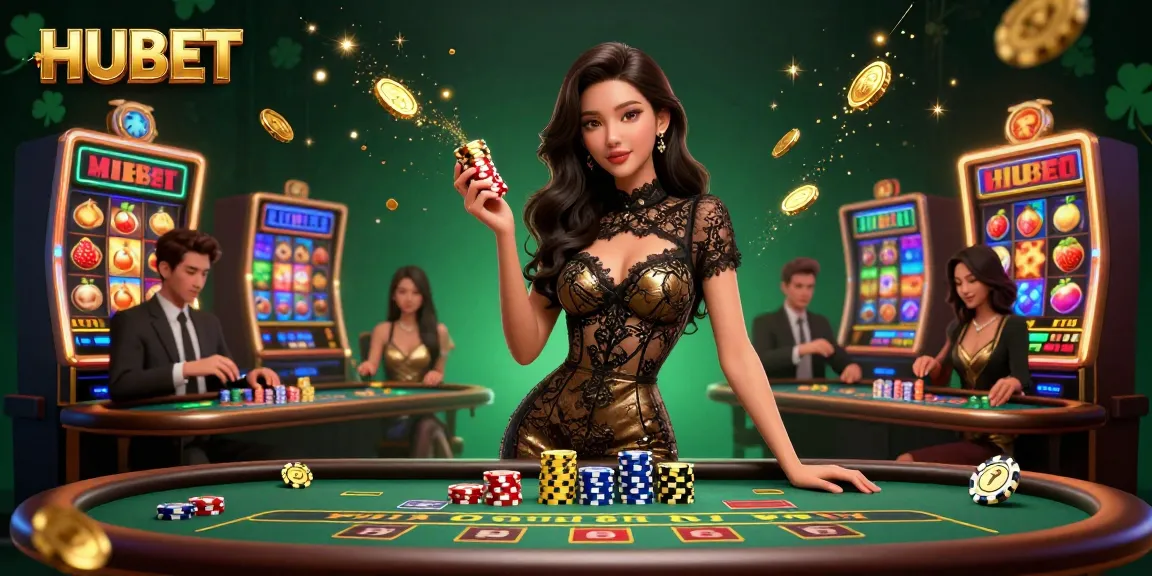 Experience HUBET's high-stakes casino atmosphere with VIP baccarat, spinning slot reels, and golden chips.