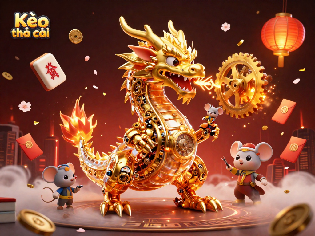 Kèo nhà cái showcases a golden dragon breathing gears amid vibrant casino elements including Chinese lanterns and jade coins.